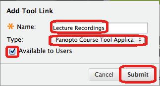 After the tool link has been created, you can move it up and down the list that is in the panel on the left. All of the Panopto recordings will automatically be uploaded to this folder.