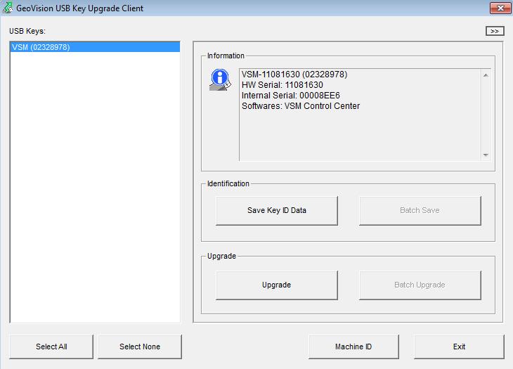 Appendix 3. In the GV folder, double-click GVUsbKeyUpClient.exe. This dialog box appears. Figure A-2 4. To retrieve the data from the dongle, click Select All.