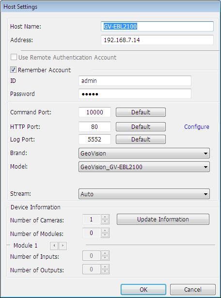 2.2.1 Creating a Host You can create a host of the DVR, Compact DVR, Video Server, IP Camera, I/O Box and Recording Server. The Host Settings dialog box may look different among these devices.