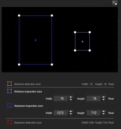 Placing the cursor on the vertex of the minimum trigger size area or maximum trigger size area will change the cursor to n, then you can drag the vertex to change the inspection size.