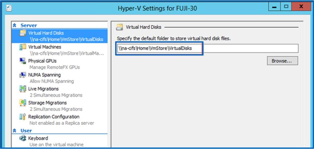 4.3 Microsoft Hyper-V Windows Server Settings Configuring Hyper-V in Windows Server 2012 and 2016 to use remote CIFS/SMB file shares as storage for VM virtual disks is simple and requires setting the