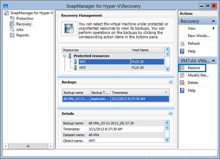 In case of a disaster, the VM can be restored from a backup Snapshot copy in a matter of seconds, as shown in Figure 10.