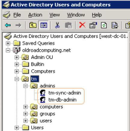 Active Directory Accounts There are two Active Directory accounts of interest. Synchronizer Installation Account The tm-db-admin account is only used during Synchronizer installation.
