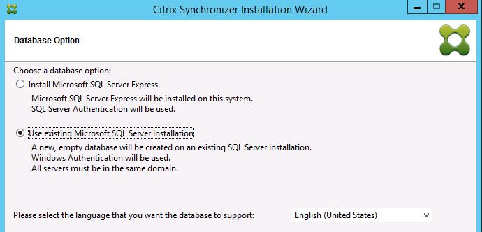 Database Option Database Integration Option In this example, Synchronizer will integrate with an existing MSSQL server, so that option is chosen.