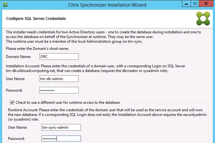 Database Server Credentials This screen appears only when the Use Existing MSSQL Server option is chosen. It is covered extensively in Database Integration Notes.