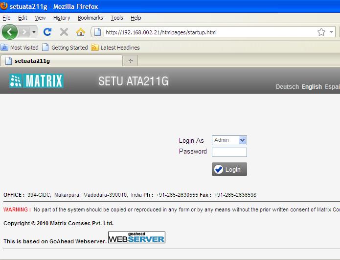 Configuring SETU ATA211G SETU ATA211G provides an embedded web server with a graphic user Interface (GUI), Jeeves, for configuration.