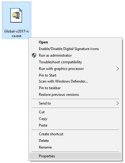 Right mouse click on the installer and select Properties.