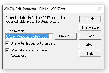 Installation Guide 4 3. You will be asked to unzip the installation contents. We recommend the default file location C:\Esw\Support\Global-v2017.
