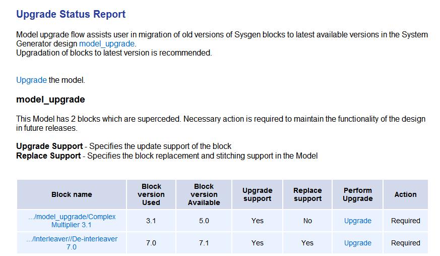 Chapter 3: Migrating ISE Designs to the Vivado IDE Two blocks in this the model are upgradable. The Interleaver/De-interleaver 7.0 block has full Replace support.