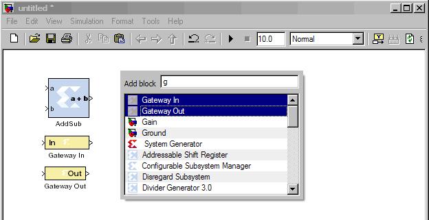 Chapter : System Generator GUI Utilities As shown below, to rapidly scroll to a block, enter the first few letters of the block name in the top entry box.