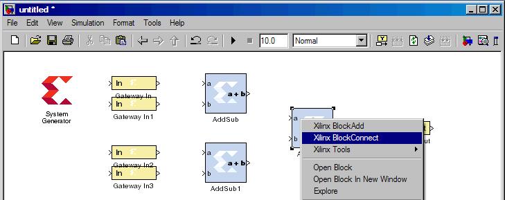 Chapter : System Generator GUI Utilities Xilinx BlockConnect Facilitates the rapid connection of blocks in a Simulink model. Simple Connections 1.