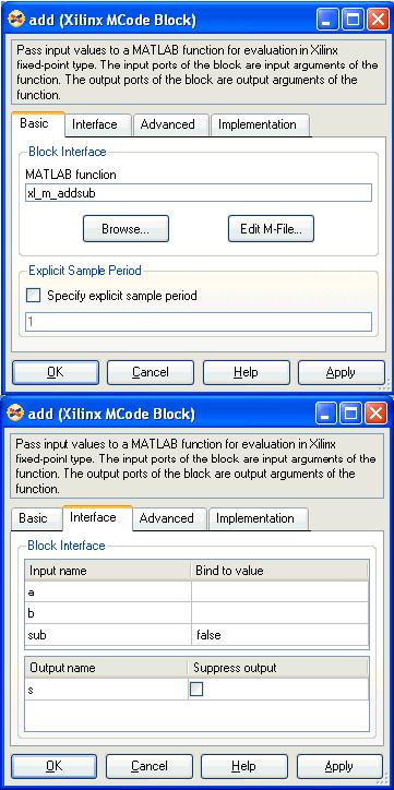 Compiling MATLAB into an FPGA The Block Interface Editor of the MCode block labeled add is shown in below.