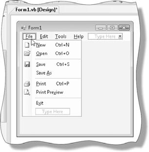 Standard Items for a Menu Visual Basic 2008 contains an Action Tag that allows you to create a full standard menu bar commonly provided in Windows programs Action tags provide a way for you to