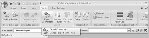 Export Connector Manager Use the Export Connectors Manager to register custom export connectors for use with Kofax Capture.