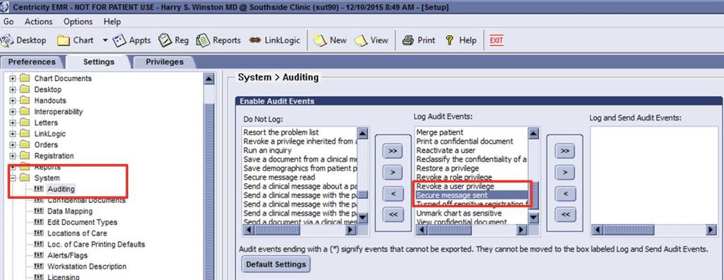 Instructions for How to Configure Auditing Events in Centricity: 1) Set up your auditing events In Centricity select Go -> Setup -> Settings.