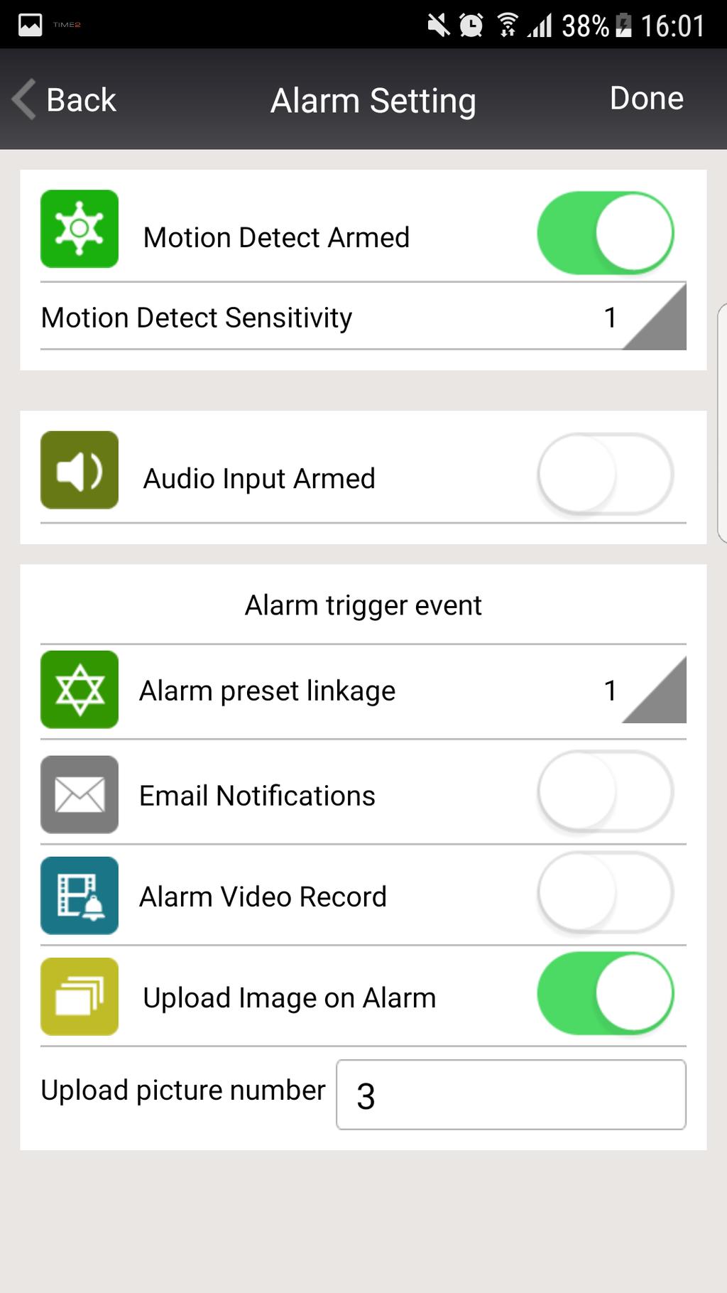 Alarm Setting Using this setting you can set the camera to