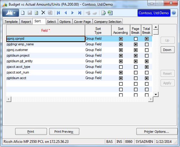 122 Reporting Guide ROI Screen, Sort Tab Use the Sort tab to define a custom sort order for report information based on any of the report s record.filename fields.