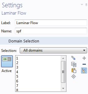 1 In the model tree, click the Laminar Flow node. In the Settings window for Laminar Flow click the Clear Selection button.