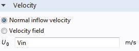 4 In the Graphics window, click the inlet (Boundary 2) to add it to the Selection list. 5 In the Settings window for Inlet under Velocity in the U 0 field, enter Vin to set the Normal inflow velocity.