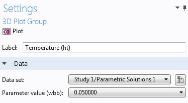 2 In the Settings window for 3D Plot Group select Study 1/Parametric Solutions 1 from the Data set list. This data set contains the results from the parametric sweep.