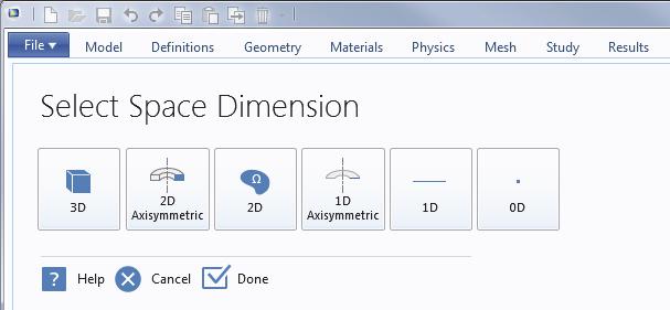 CREATING A MODEL GUIDED BY THE MODEL WIZARD The Model Wizard will guide you in setting up the space dimension, physics, and study type, in a few steps: 1 Start by selecting the space dimension for