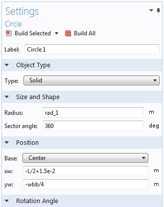 6 Under Work Plane 3, right-click Plane Geometry and select Circle. In the Settings window for Circle: - Under Size and Shape, enter rad_1 in the Radius field. - Under Position, enter -L/2+1.