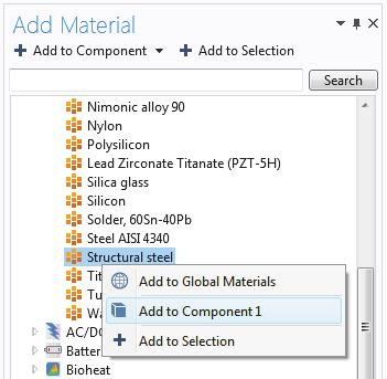 You open the Add Materials window in either of these two ways: - Right-click Component 1>Materials in the Model Builder and select Add Material - From the ribbon,
