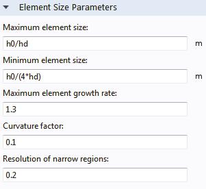 6 In the Settings window for Size, under Element Size, click the Custom button. Under Element Size Parameters, enter: - h0/hd in the Maximum element size field.