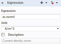 2 In the Settings window for Surface under Expression, click the Replace Expression button. Go to Model>Component1>Electric Currents > Currents and charge > ec.
