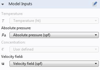 7 In the Settings window for Heat Transfer in Fluids under Model Inputs, select Velocity field (spf) from the Velocity field list.