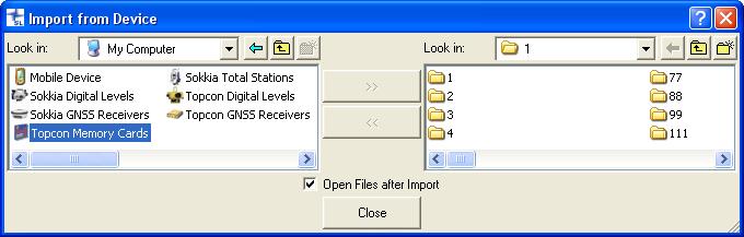 Importing Data Files From a Topcon Device card is gray. See Adding Devices on page 2-1 for details on formatting cards with a gray device icon.