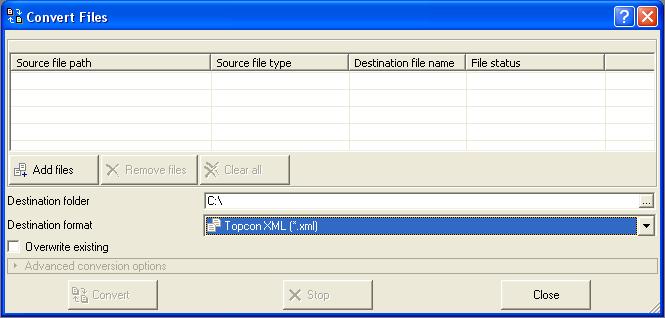 Topcon Link performs the conversion, saves the file in the selected directory.