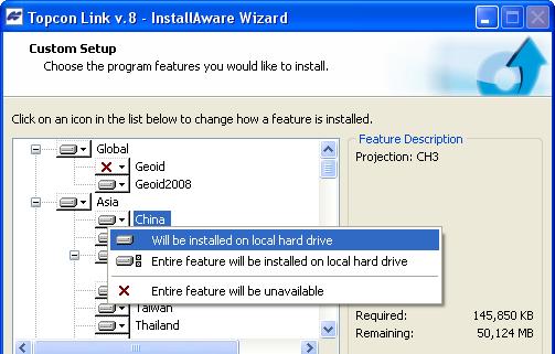 Installing Microsoft ActiveSync for Use With CE-based Devices 4. Highlight the desired features (projection or projection and geoid) in the Custom Setup window (Figure 1-9) Figure 1-8.