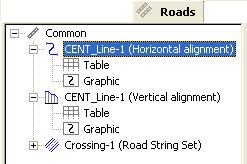 Field Software Job View Road with String Set For a Field Software Job that contains a road with String Set, the Roads tab displays two panels: the left - the name of every road in the job and the