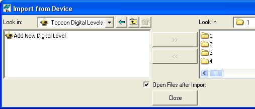 Navigate to the Topcon Digital Level directory (Figure 2-7). From Topcon Link Click File Import from Device. In the left pane, double-click the Topcon Digital Level directory.