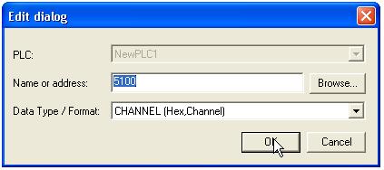 25 Double-click on the second row. The Edit dialog window will again appear. Add a similar entry for address 5001. Double-click on the third row. The Edit dialog window will again appear. Enter 5100 (PLC address of the outputs) in the Name or Address field.