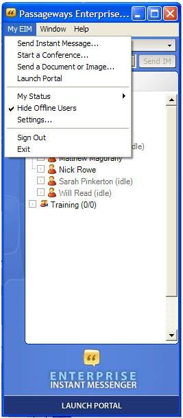 Section 3. The EIM Toolbar The EIM toolbar has four different menu items to utilize and configure the Enterprise Instant Messenger. The menu items are My EIM, Windows, and Help.