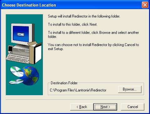 The path under Destination Folder shows where the Com Port Redirector software will be installed.