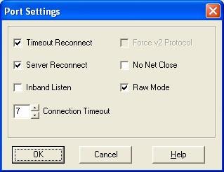 Check Raw Mode, Timeout Reconnect and Server Reconnect (see Figure 8-12). For more information refer to Table 4-1 in the original English document.