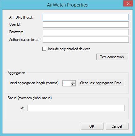 VMWARE AIRWATCH The AirWatch connector uses an API connection. 1. In the API URL (Host) box, type the URL to the AirWatch Web API. EXAMPLE https://de.airwatch.net/snowsoftware 2.