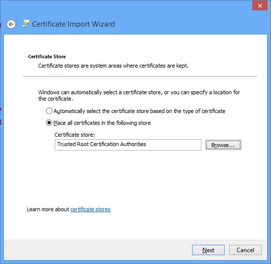 9. Select Place all certificates in the following store. 10. Click Browse, and then select Trusted Root Certification Authorities. Click OK. 11. Click Next. 12. Click Finish to start the import. 13.