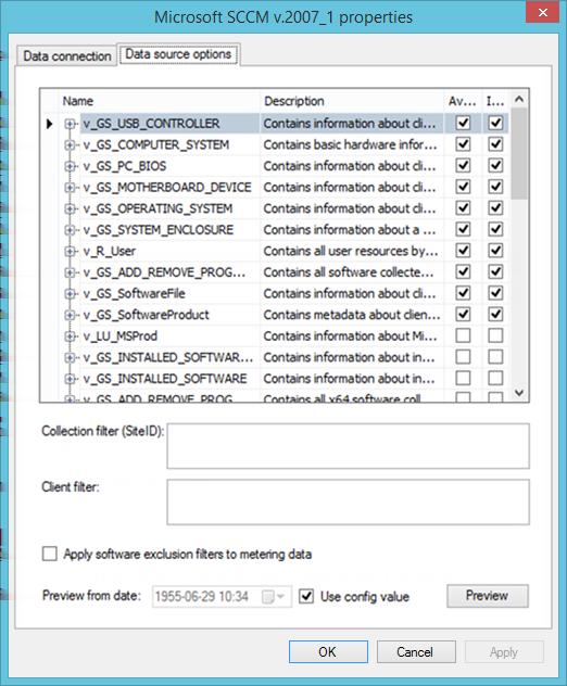DATA SOURCE OPTIONS The SCCM data source options gives a better overview of the SCCM setup and what views and fields the Snow Integration Manager is able to aggregate from.