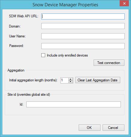 SNOW DEVICE MANAGER The Snow Device Manager connector uses an API connection. 1. In the SDM Web API URL box, type the URL to the Snow Device Manager Web API. 2.