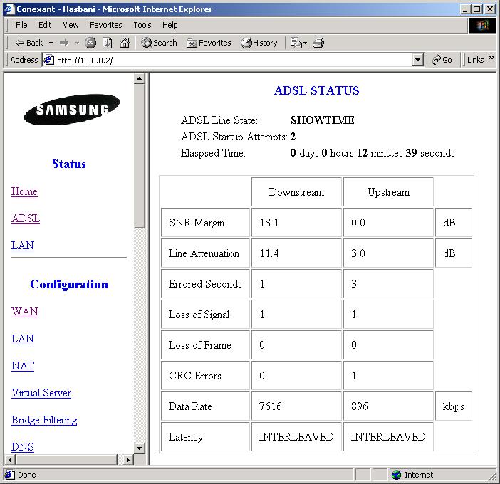 3. Click [ADSL] link. Then the ADSL Status page will appear. In this page, you can check ADSL link status.
