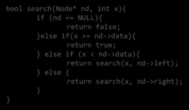 bool search(node* nd, int x){ if (nd == NULL){ reached the end of this path return false; }else if(x == nd->data){ return true; note the similarity } else if (x