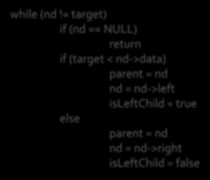 = target) if (nd == NULL) return if (target < nd->data) parent = nd nd =