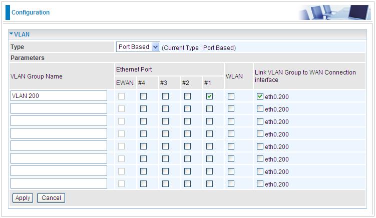 Select Port Based VLAN Type, set VLAN Group Name VLAN 200, select port 1 to join in this VLAN group and link this VLAN group to eth0.