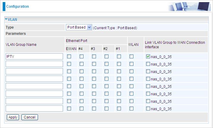 Then configure a port that will use the IPTV application. The example below is a setting that illustrates that only Ethernet port #4 can connect to STB and use IPTV.
