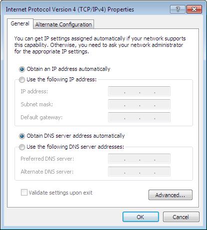 Obtain DNS Server address automatically radio buttons.