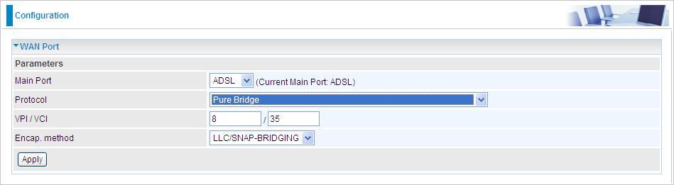 Pure Bridge Connections (ADSL) VPI/VCI: Enter the VPI and VCI information provided by your ISP. Encap.